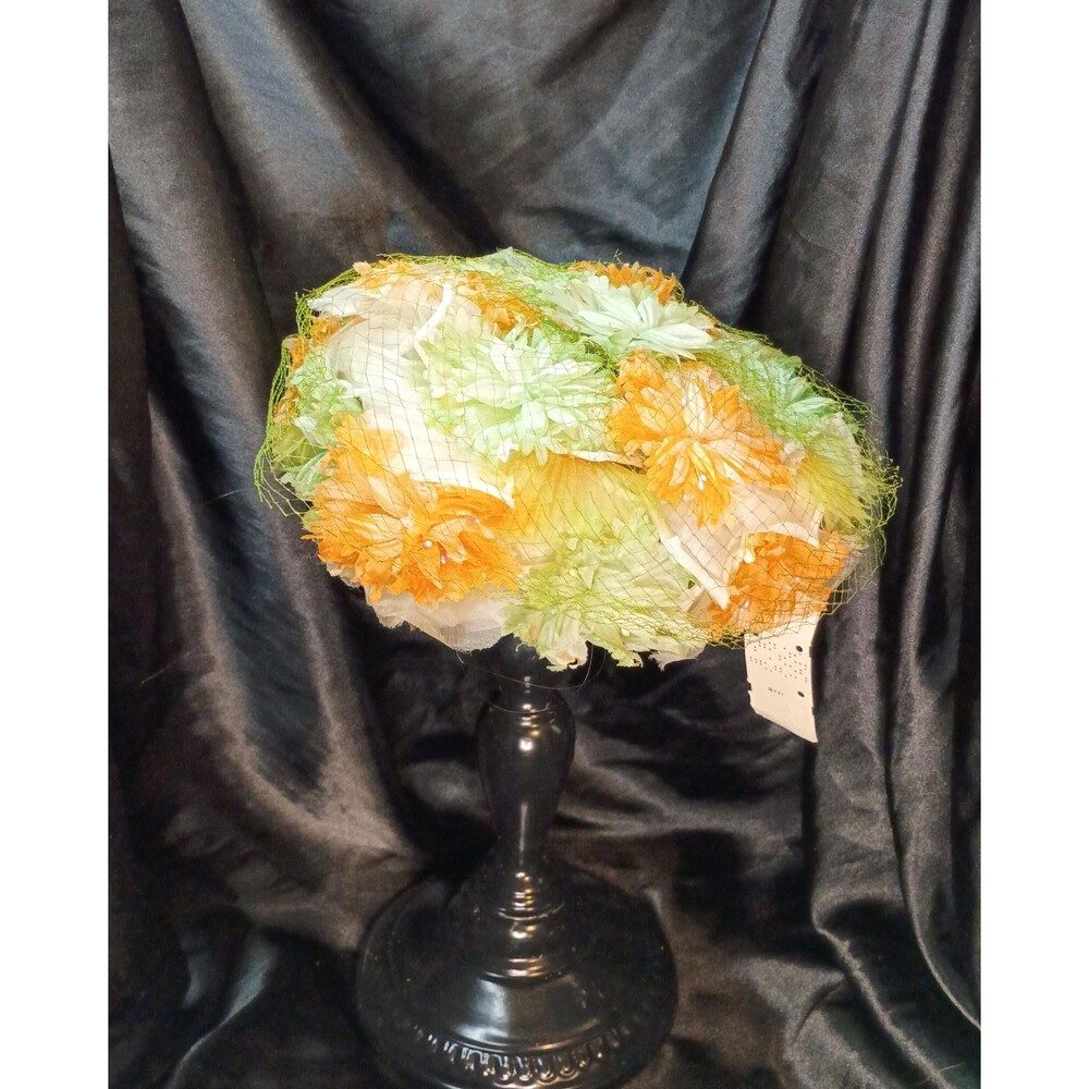 Vintage Peach and Green Floral Pillbox Hat with Netting and Original Tag